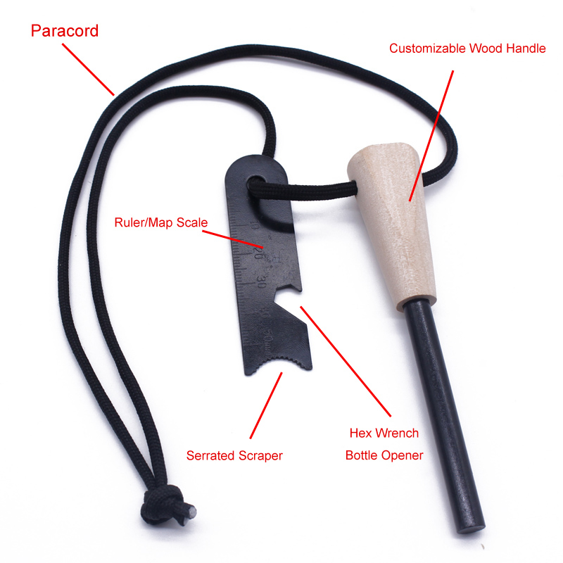 Ferrocerium fire starter 8 x 70 with wooden handle and multi striker 5