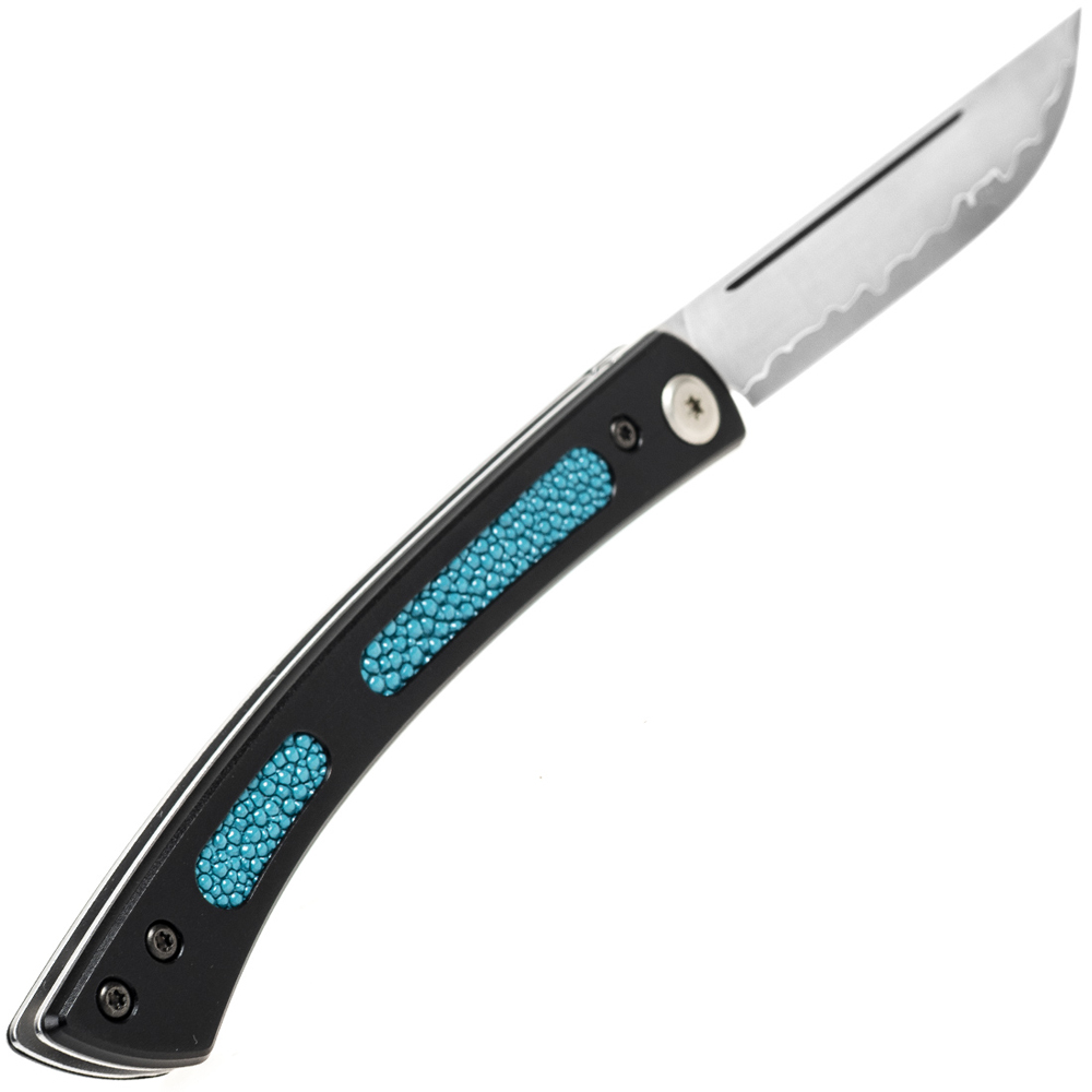 Mcusta MC-221B The Executive VG-10 Core Damascus Blue Micarta Personal Folding Steak Knife 2