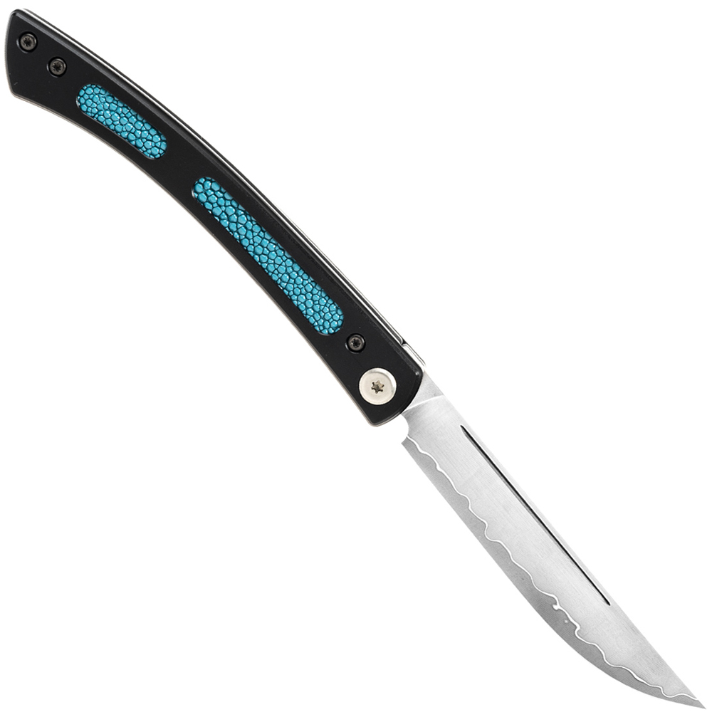 Mcusta MC-221B The Executive VG-10 Core Damascus Blue Micarta Personal Folding Steak Knife 3