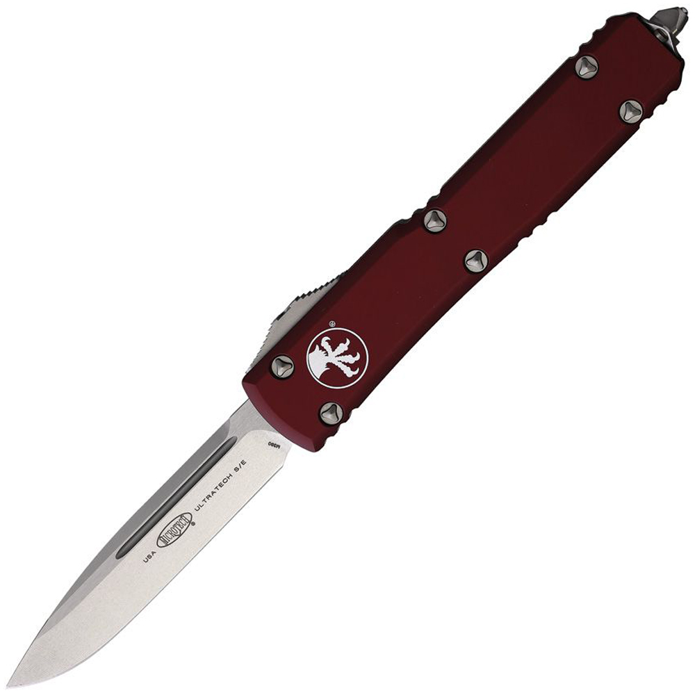 Microtech Ultratech AUTO OTF Stonewash Plain Drop Point Merlot Aluminum MCT12210APBL 1