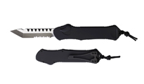 Heretic Knives Hydra OTF Auto T/E Tactical CPM Magnacut Black Handle Two Tone DLC Serrated Blade H00611BT