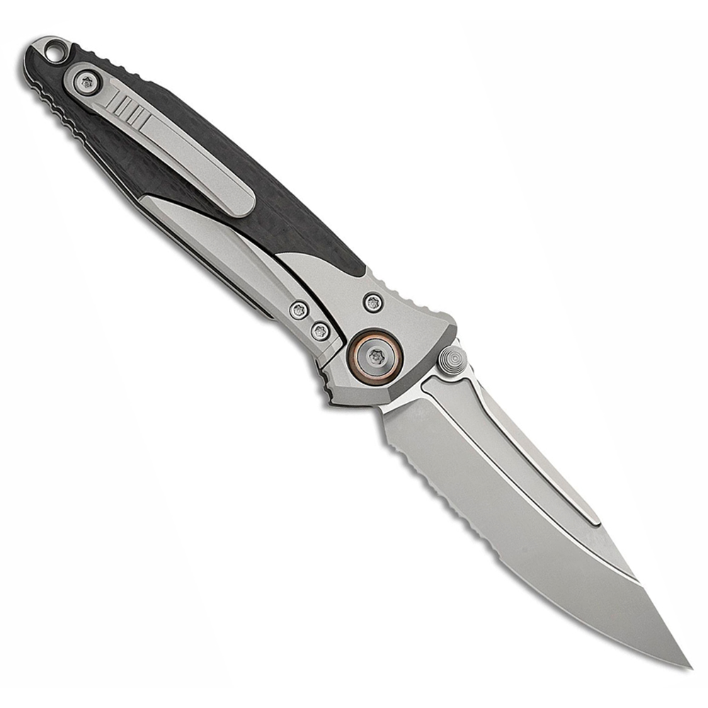 Microtech Socom Bravo Mini M390 Blasted Clip Point Combo Blade Bolstered Titanium Handles with Carbon Fiber Scales 260M-8CFTI 2