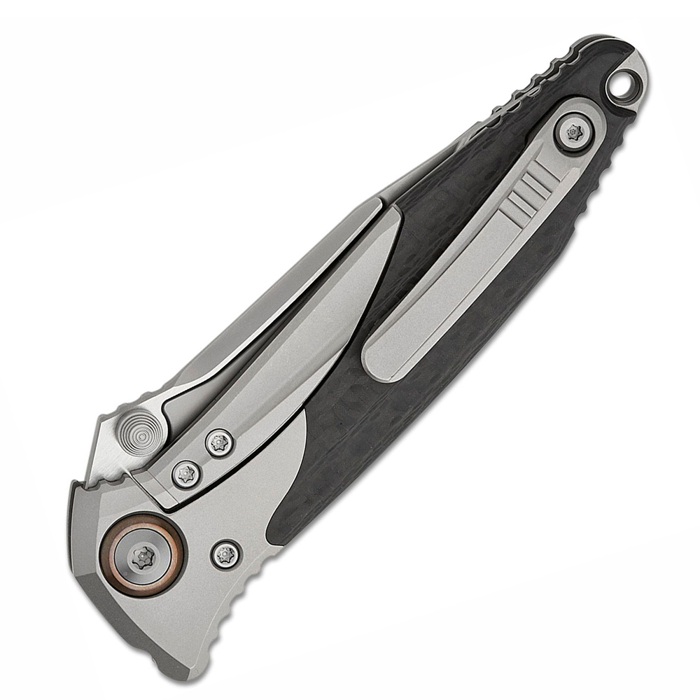 Microtech Socom Bravo Mini M390 Blasted Clip Point Combo Blade Bolstered Titanium Handles with Carbon Fiber Scales 260M-8CFTI 4
