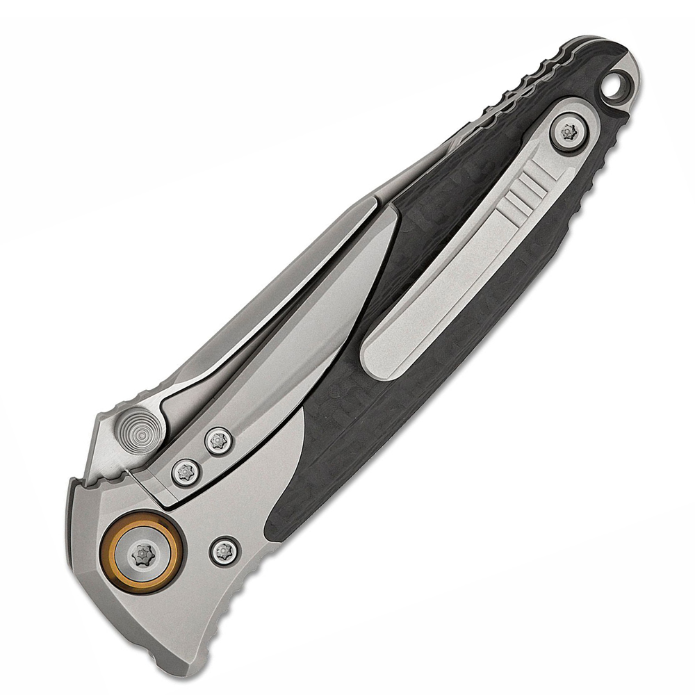 Microtech Socom Bravo Mini M390 Blasted Clip Point Serrated Blade Bolstered Titanium Handles with Carbon Fiber Scales 260M-9CFTI 4