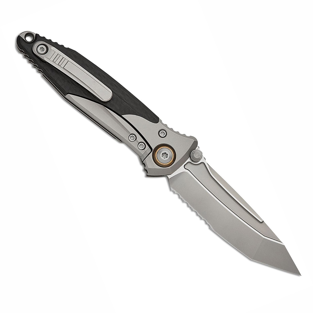 Microtech Socom Bravo Mini M390 Blasted Tanto Combo Blade Bolstered Titanium Handles with Carbon Fiber Scales 261M-8CFTI 2