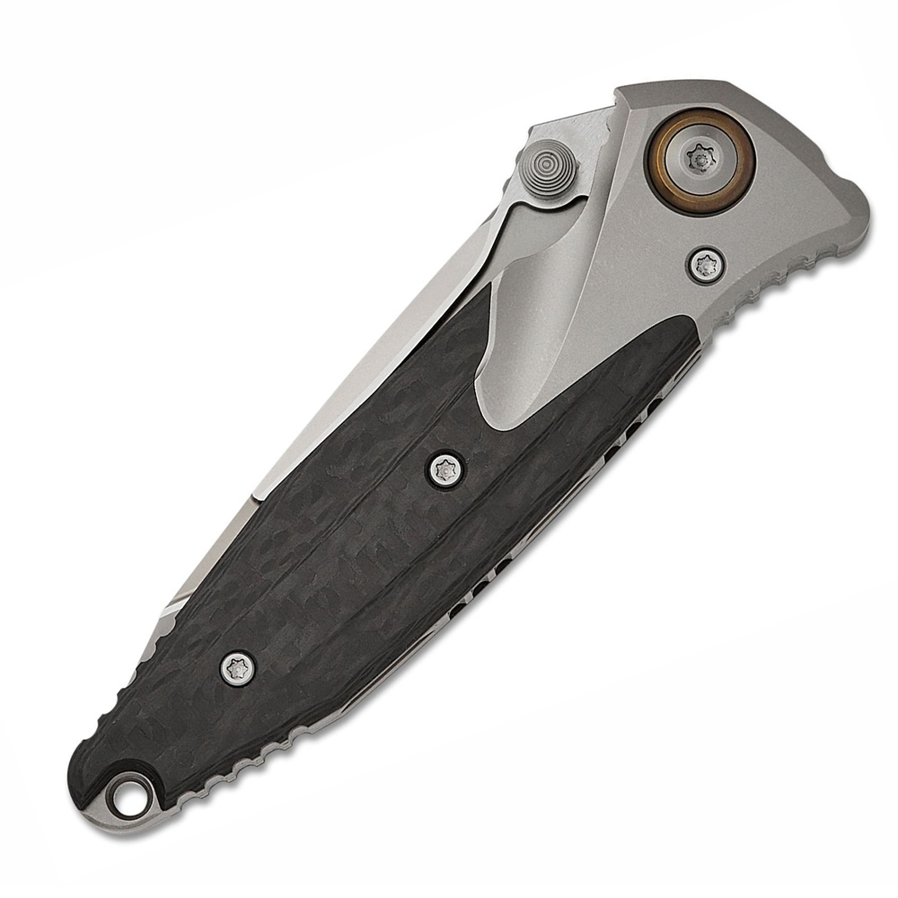 Microtech Socom Bravo Mini M390 Blasted Tanto Combo Blade Bolstered Titanium Handles with Carbon Fiber Scales 261M-8CFTI 3