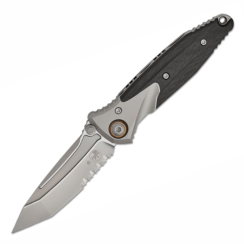 Microtech Socom Bravo Mini M390 Blasted Tanto Combo Blade Bolstered Titanium Handles with Carbon Fiber Scales 261M-8CFTI 1