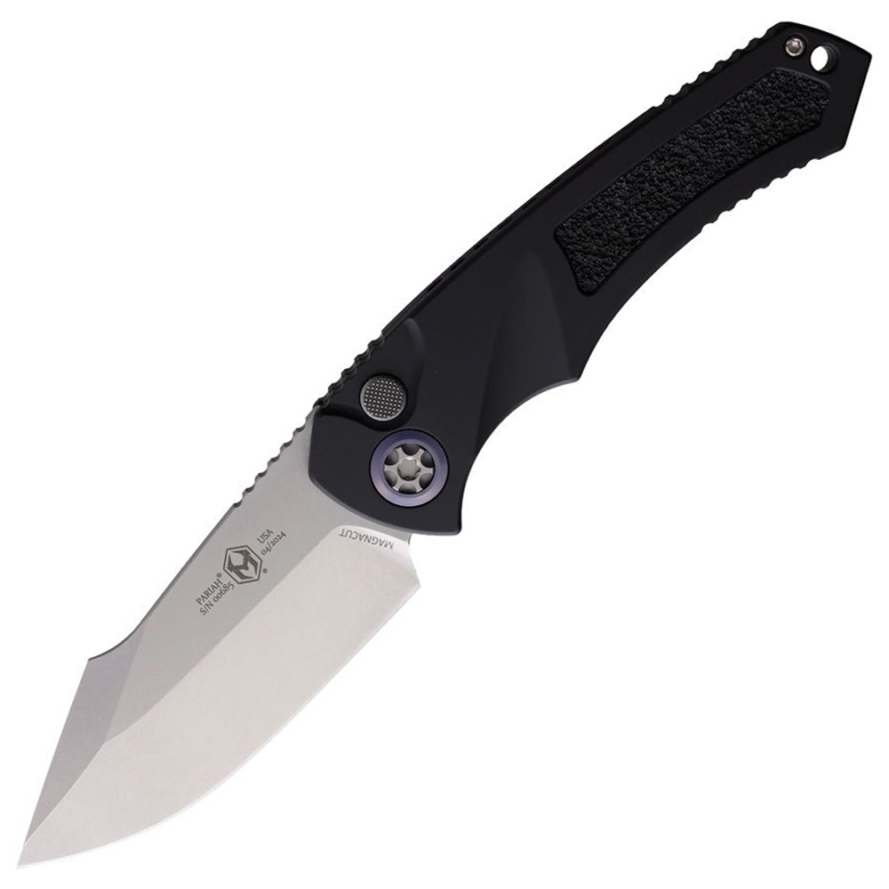 Heretic Auto Pariah CPM-MagnaCut Stonewashed Harpoon Blade Black Aluminum Handles H0482A 1