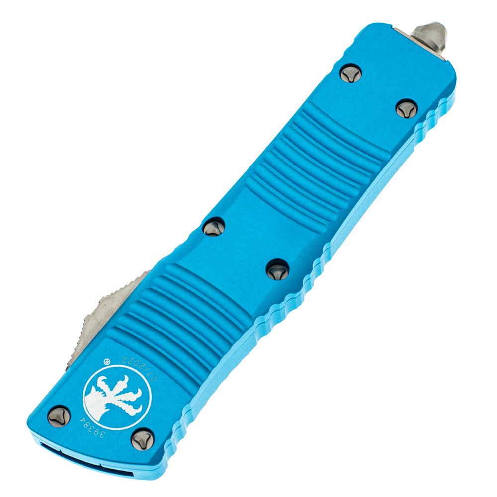 Microtech Combat Troodon AUTO OTF Knife Satin Double Edge Dagger Blade Turquoise Aluminum Handles 3