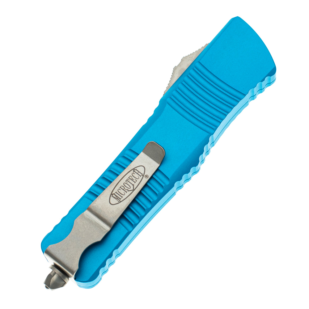 Microtech Combat Troodon AUTO OTF Knife Satin Double Edge Dagger Blade Turquoise Aluminum Handles 4