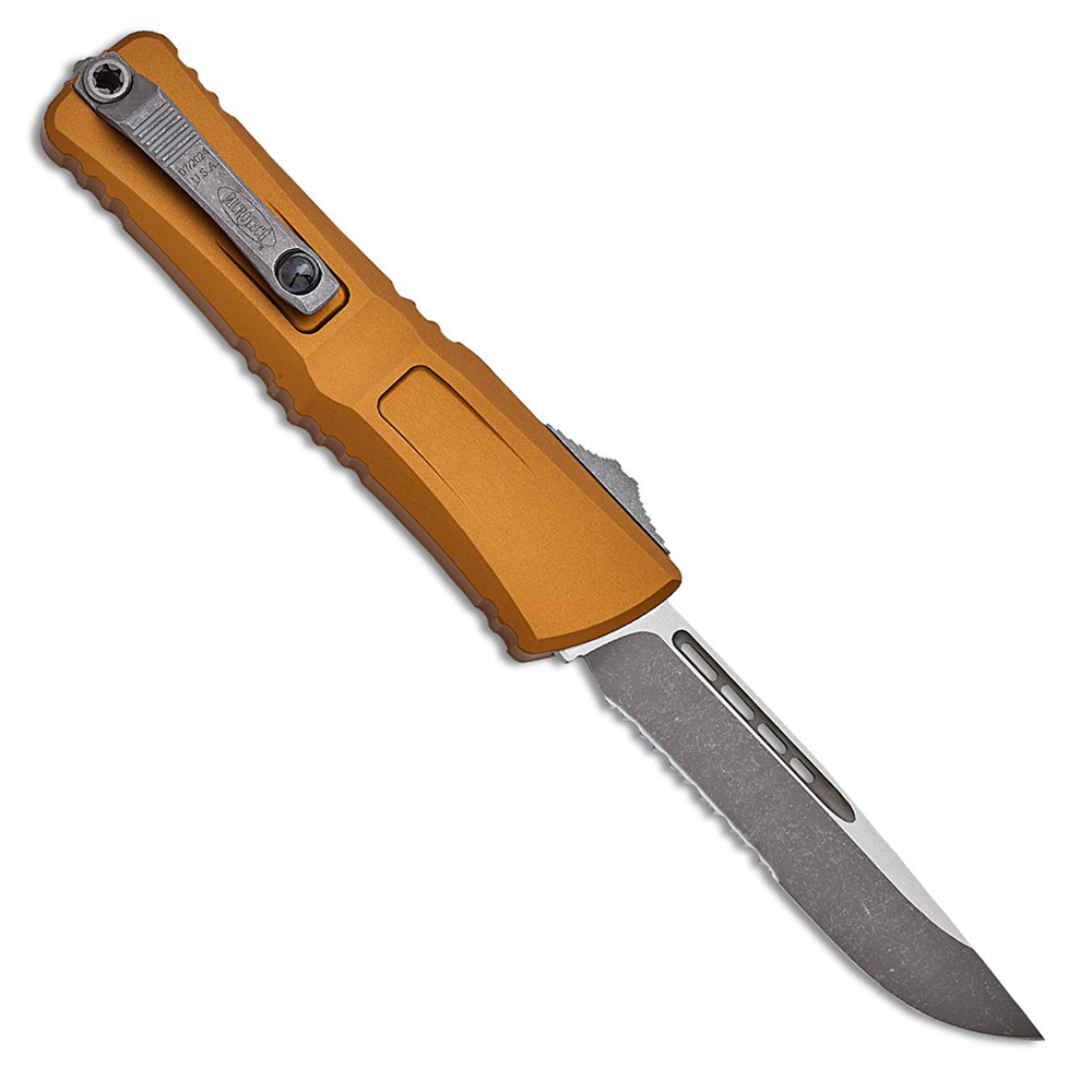 Microtech Combat Troodon Gen III AUTO OTF M390MK Apocalyptic Drop Point Combo Blade Tan Aluminum Handles 1143-11APTA 2