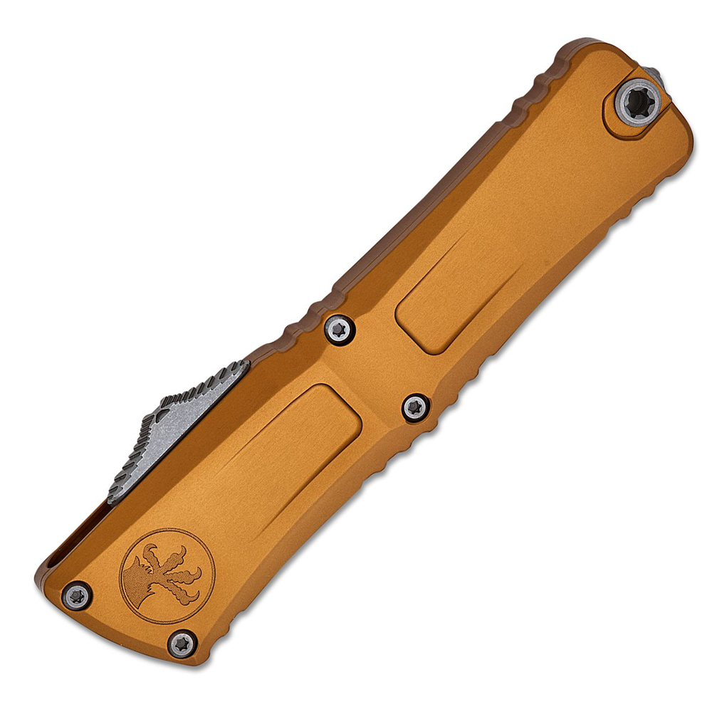 Microtech Combat Troodon Gen III AUTO OTF M390MK Apocalyptic Drop Point Combo Blade Tan Aluminum Handles 1143-11APTA 3
