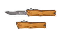 Microtech Combat Troodon Gen III AUTO OTF M390MK Apocalyptic Drop Point Combo Blade Tan Aluminum Handles 1143-11APTA