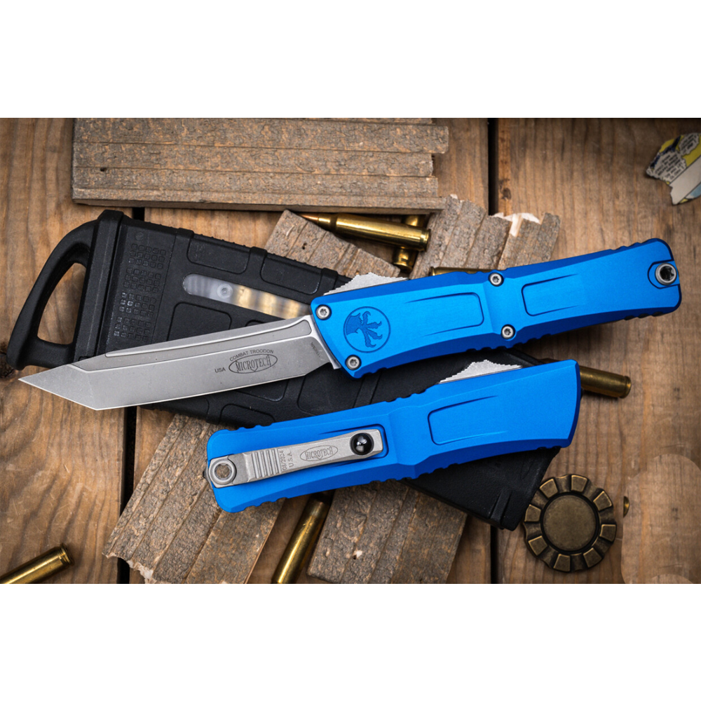 Microtech Combat Troodon Gen III AUTO OTF M390 Tanto Apocalyptic Stonewashed Blue Aluminum Handles 1144-10APBL 3