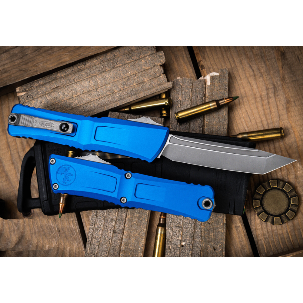 Microtech Combat Troodon Gen III AUTO OTF M390 Tanto Apocalyptic Stonewashed Blue Aluminum Handles 1144-10APBL 4
