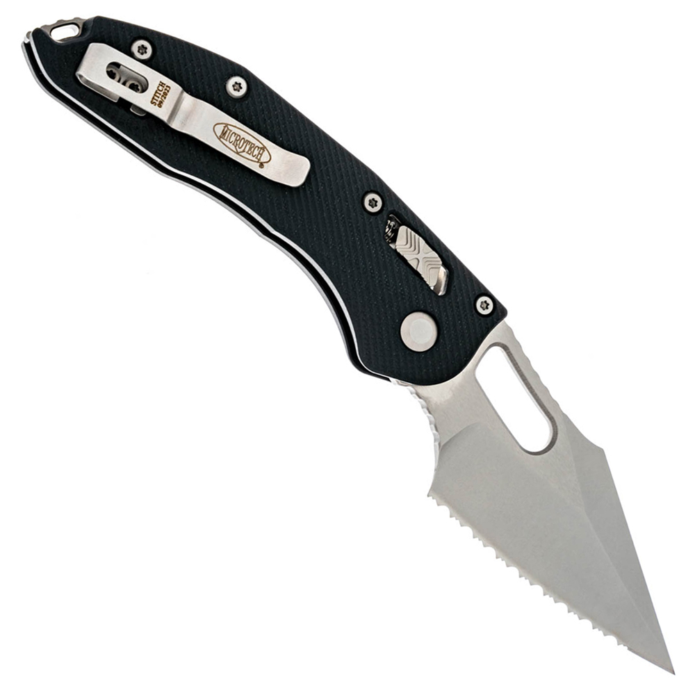 Microtech Stitch RAM-LOK Manual Folding Knife Bohler M390MK Stonewashed Spear Point Serrated Blade Black Fluted G10 169RL-12FLGTBK 2