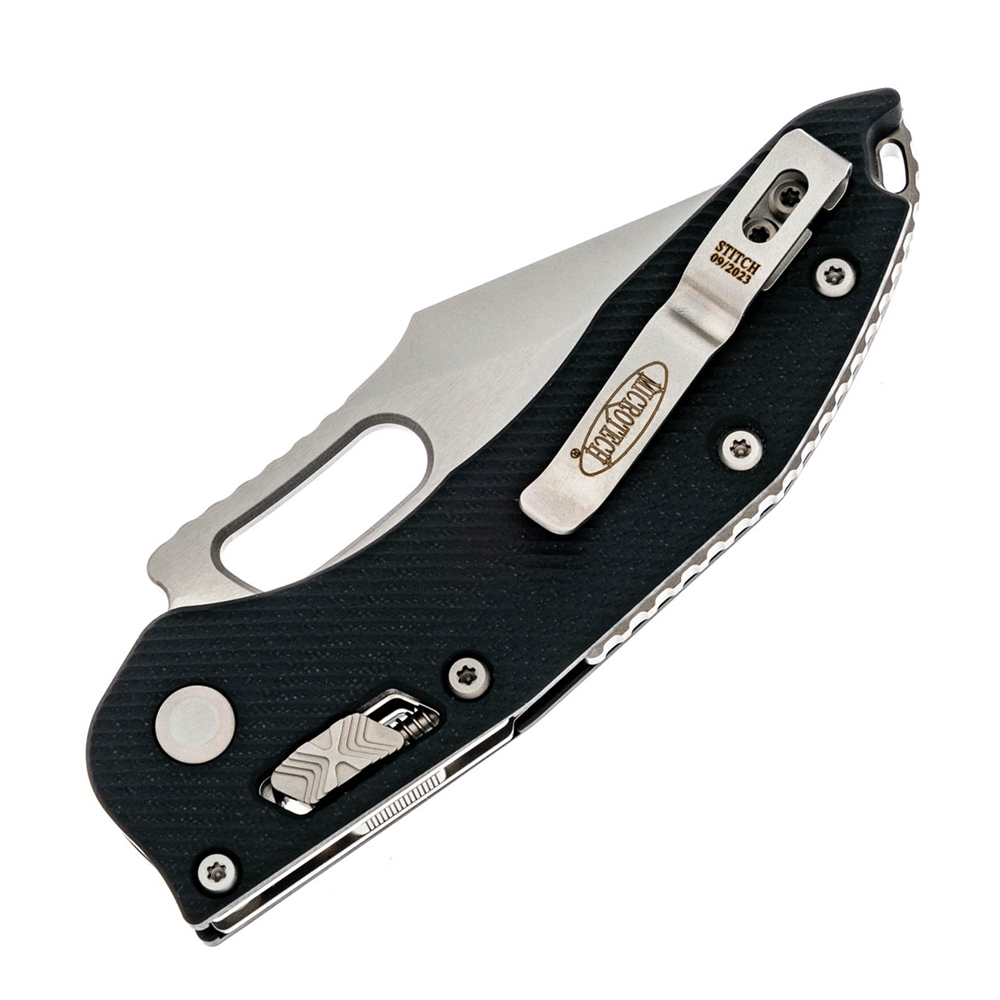 Microtech Stitch RAM-LOK Manual Folding Knife Bohler M390MK Stonewashed Spear Point Serrated Blade Black Fluted G10 169RL-12FLGTBK 4
