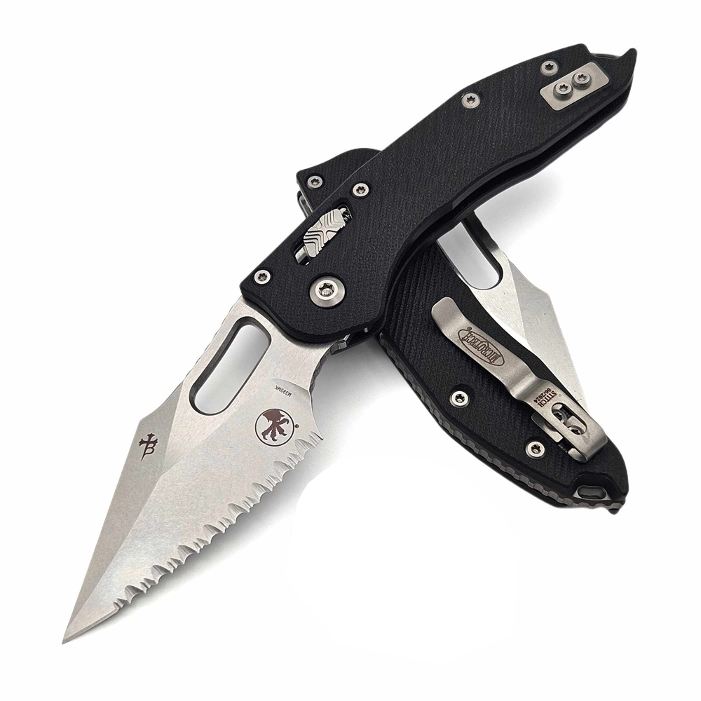 Microtech Stitch RAM-LOK Manual Folding Knife Bohler M390MK Stonewashed Spear Point Serrated Blade Black Fluted G10 169RL-12FLGTBK 5