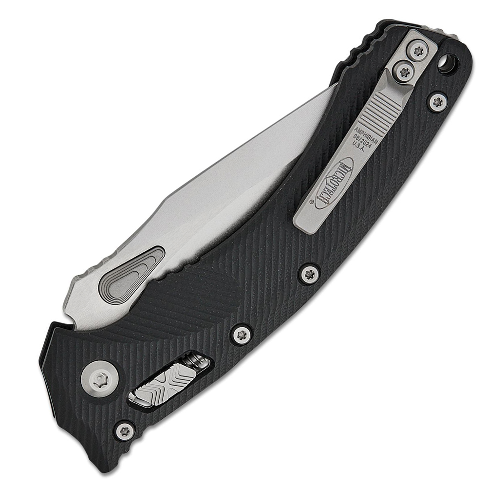 Microtech 30th Anniversary Amphibian RAM-LOK Manual Folding Bohler M390MK Stonewashed Clip Point Plain Black Fluted G10 Handles 137RL-10FLGTBK30 4
