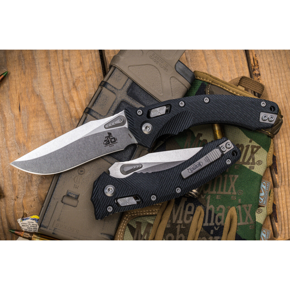 Microtech 30th Anniversary Amphibian RAM-LOK Manual Folding Bohler M390MK Stonewashed Clip Point Plain Black Fluted G10 Handles 137RL-10FLGTBK30 6