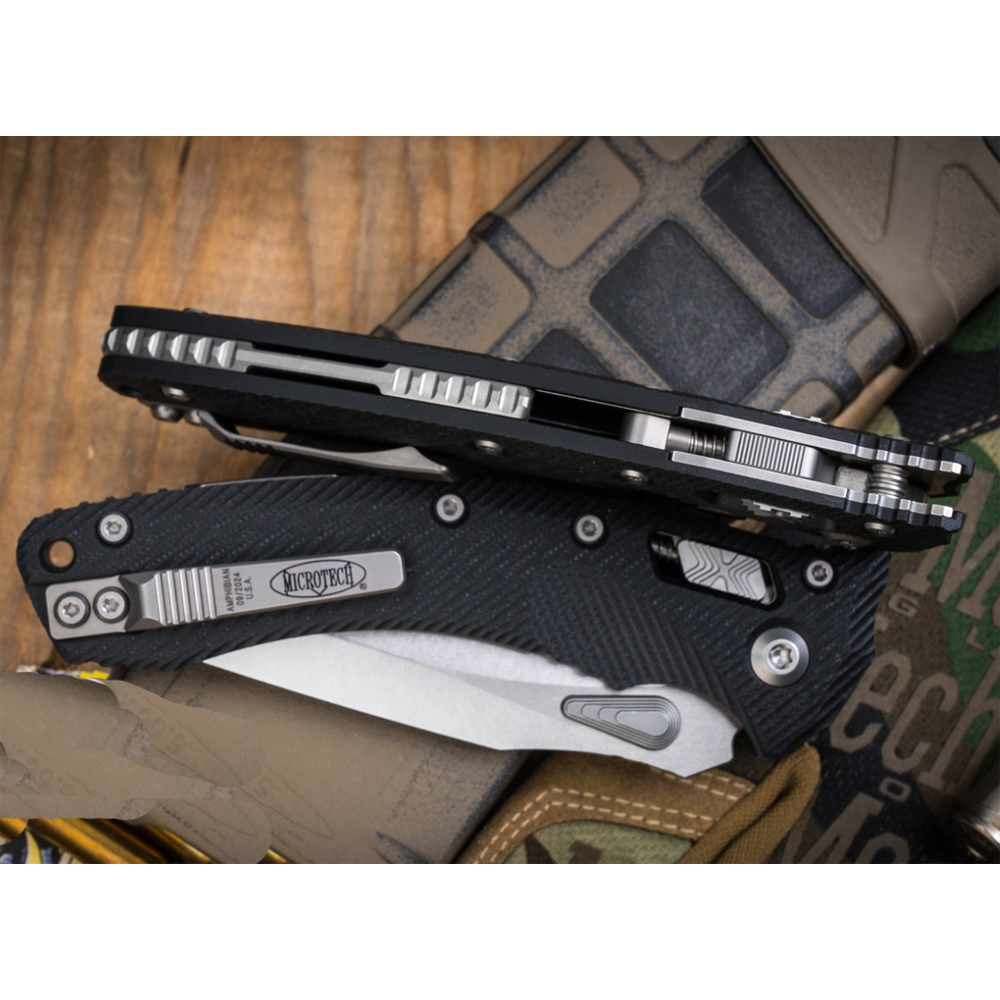 Microtech 30th Anniversary Amphibian RAM-LOK Manual Folding Bohler M390MK Stonewashed Clip Point Plain Black Fluted G10 Handles 137RL-10FLGTBK30 8