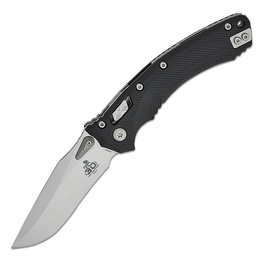 Microtech 30th Anniversary Amphibian RAM-LOK Manual Folding Bohler M390MK Stonewashed Clip Point Plain Black Fluted G10 Handles 137RL-10FLGTBK30 1