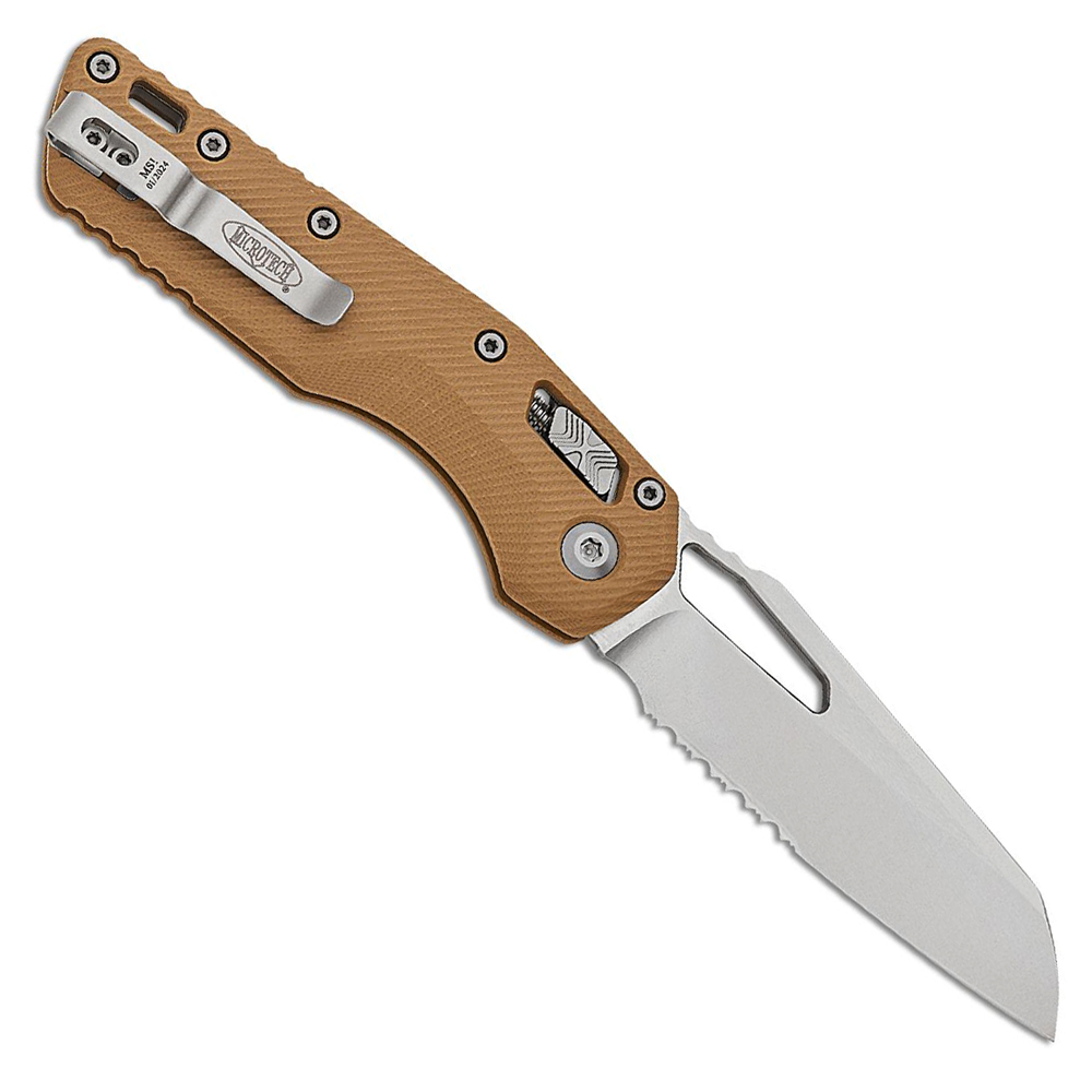 Microtech MSI RAM-LOK Manual Folding Bohler M390MK Stonewashed Modified Sheepsfoot Combo Blade Fluted Tan G10 Handles 210-11FLGTTA 2