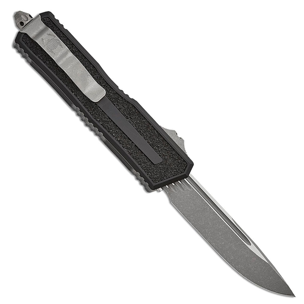 Microtech Scarab II Gen III AUTO OTF Knife M390MK Apocalyptic Drop Point Plain Black Aluminum Handles with 3M Traction Tape Inserts 1278-10AP 2