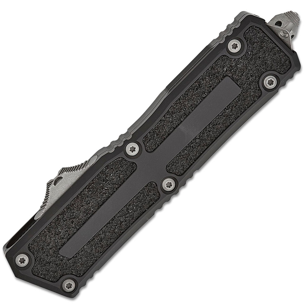 Microtech Scarab II Gen III AUTO OTF Knife M390MK Apocalyptic Drop Point Plain Black Aluminum Handles with 3M Traction Tape Inserts 1278-10AP 3