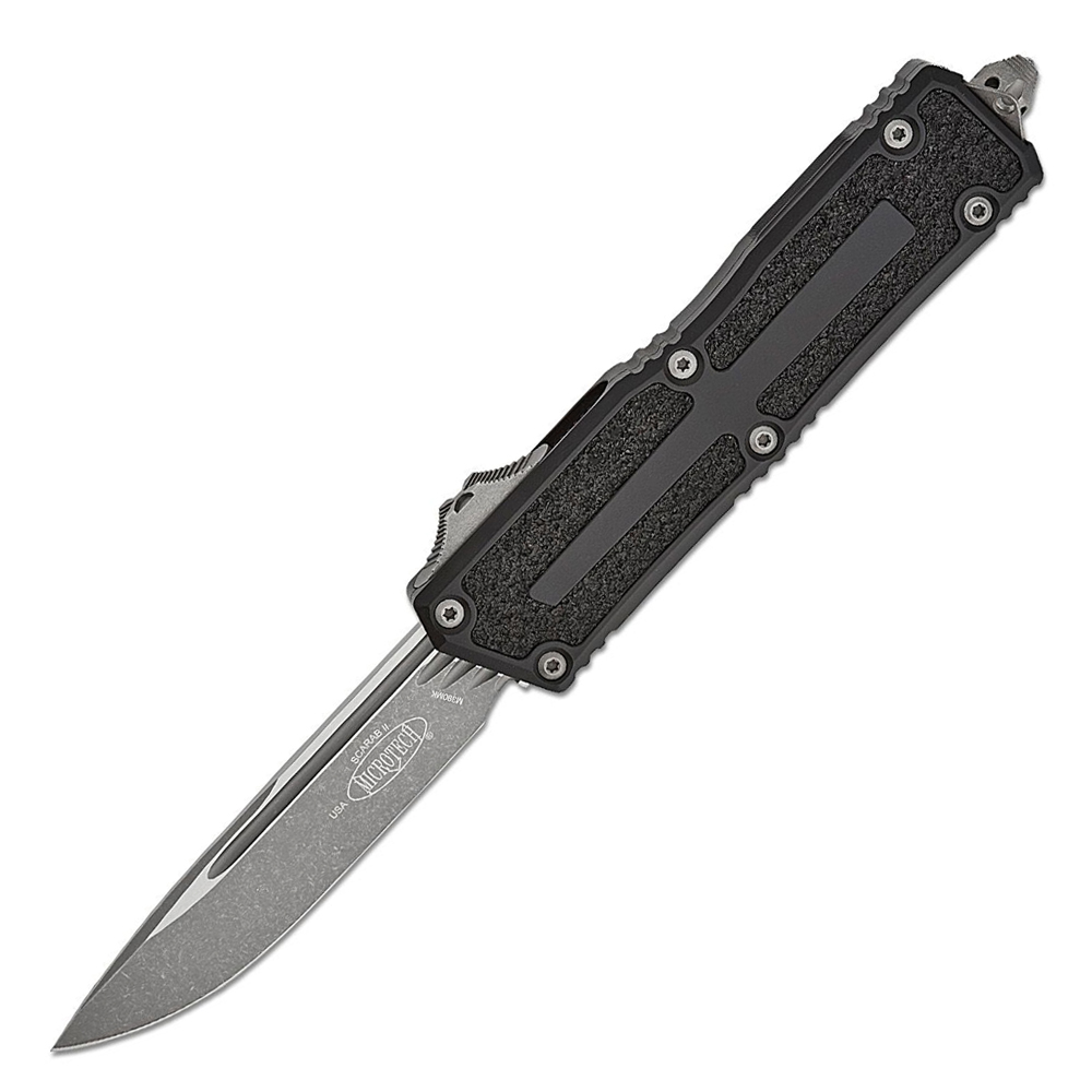 Microtech Scarab II Gen III AUTO OTF Knife M390MK Apocalyptic Drop Point Plain Black Aluminum Handles with 3M Traction Tape Inserts 1278-10AP 1