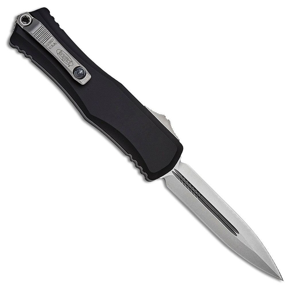 Microtech Hera II OTF AUTO M390MK Stonewashed Double Edge Dagger Blade Black Deep Engraved Aluminum Handles 1702-10 2