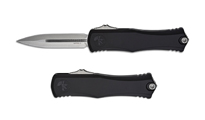 Microtech Hera II OTF AUTO M390MK Stonewashed Double Edge Dagger Blade Black Deep Engraved Aluminum Handles 1702-10