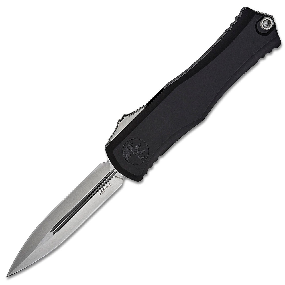 Microtech Hera II OTF AUTO M390MK Stonewashed Double Edge Dagger Blade Black Deep Engraved Aluminum Handles 1702-10 1