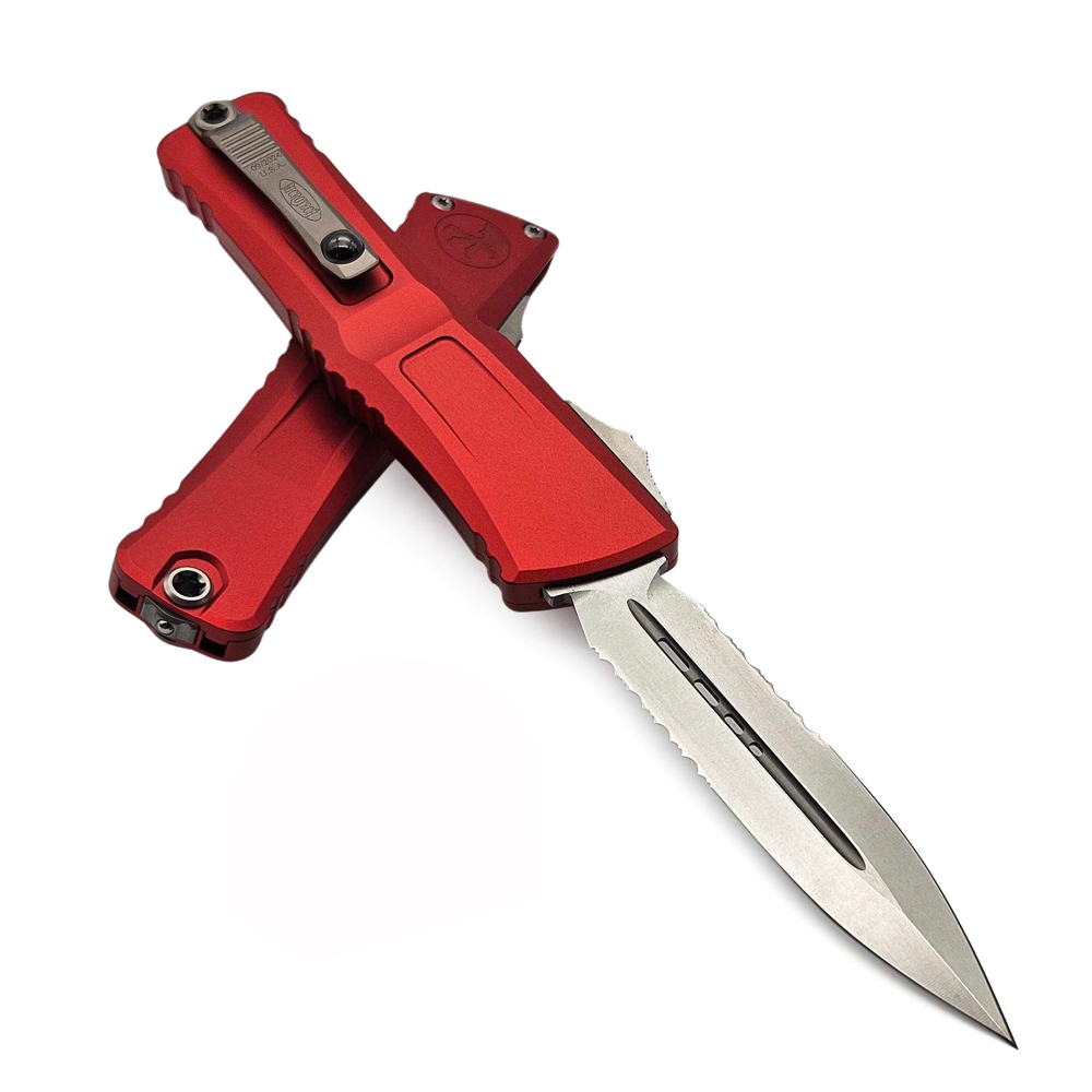Microtech Combat Troodon Gen III AUTO OTF M390MK Stonewashed Serrated Dagger Red Aluminum Handles 1142-11RD 4