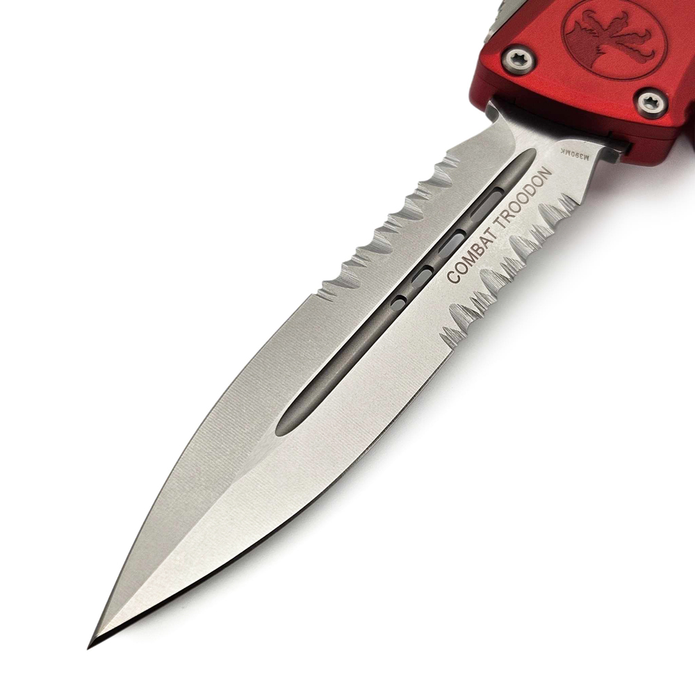 Microtech Combat Troodon Gen III AUTO OTF M390MK Stonewashed Serrated Dagger Red Aluminum Handles 1142-11RD 8