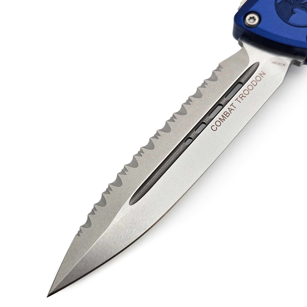 Microtech Combat Troodon Gen III AUTO OTF M390MK Stonewashed Full Serrated Dagger Navy Aluminum Handles 1142-12NA 6