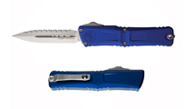 Microtech Combat Troodon Gen III AUTO OTF M390MK Stonewashed Full Serrated Dagger Navy Aluminum Handles 1142-12NA