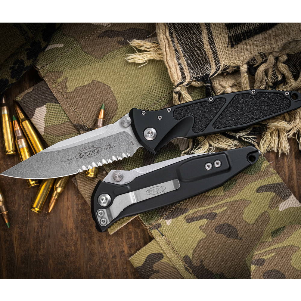 Microtech 160-11 Socom Elite Manual Stonewashed Clip Point Combo Blade Black Aluminum Handles 7