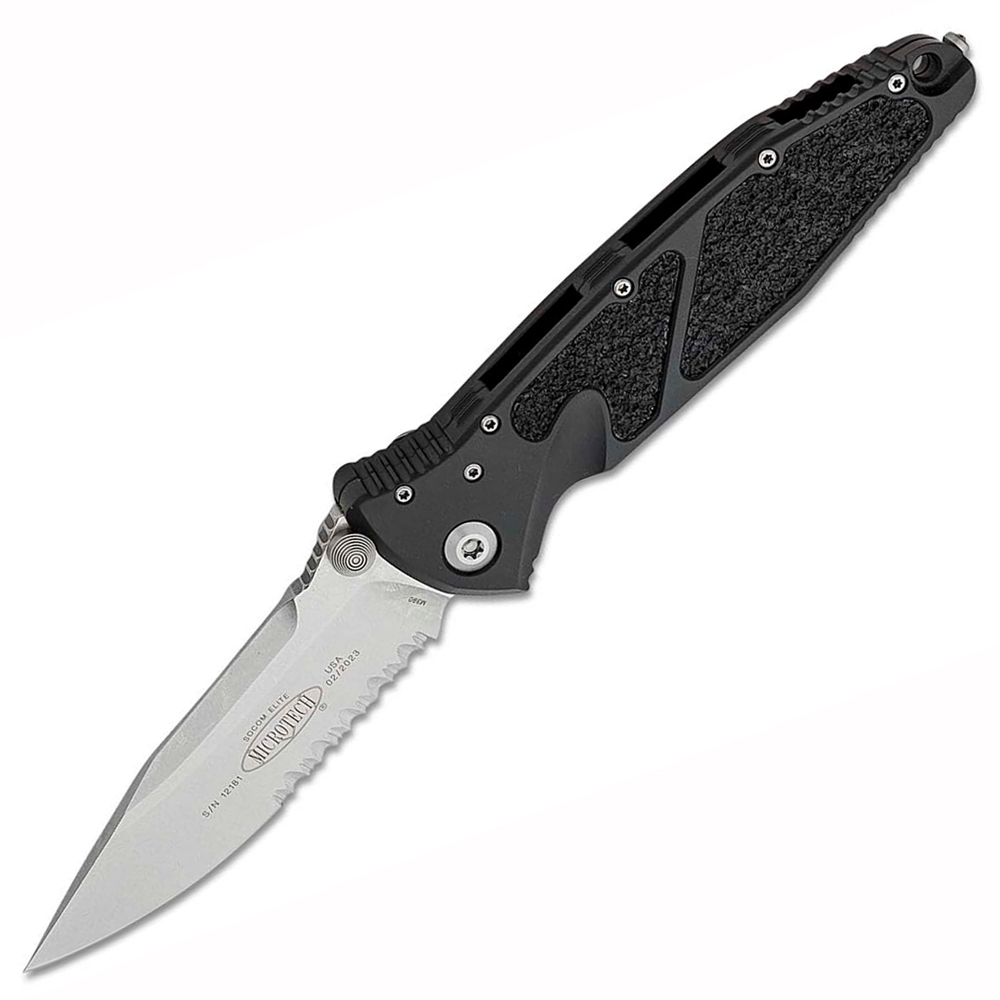 Microtech 160-11 Socom Elite Manual Stonewashed Clip Point Combo Blade Black Aluminum Handles 1