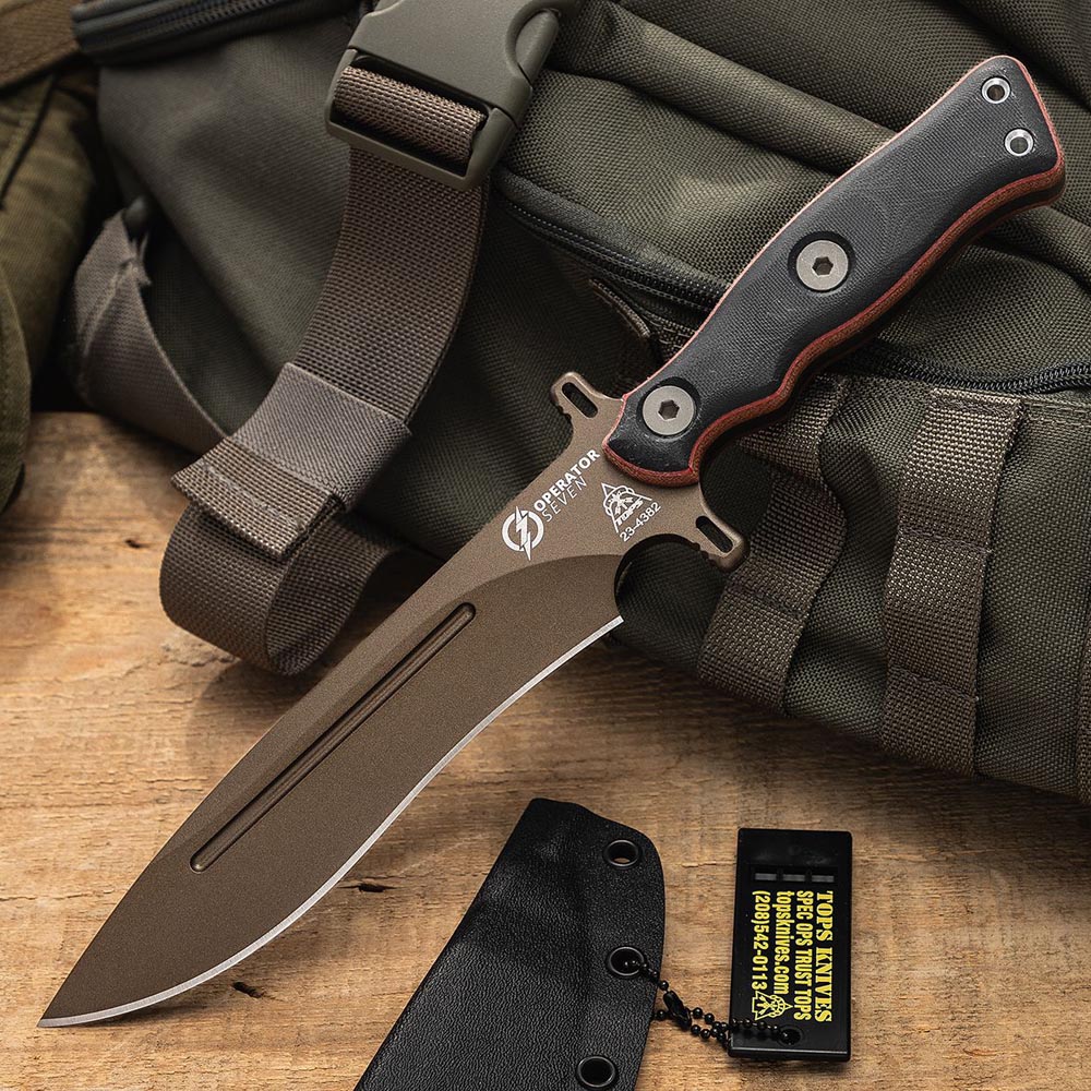 TOPS Operator 7 Fixed Blade 1075 Carbon Midnight Bronze Blade Tan Canvas Micarta / Black G10 OP7-03 8