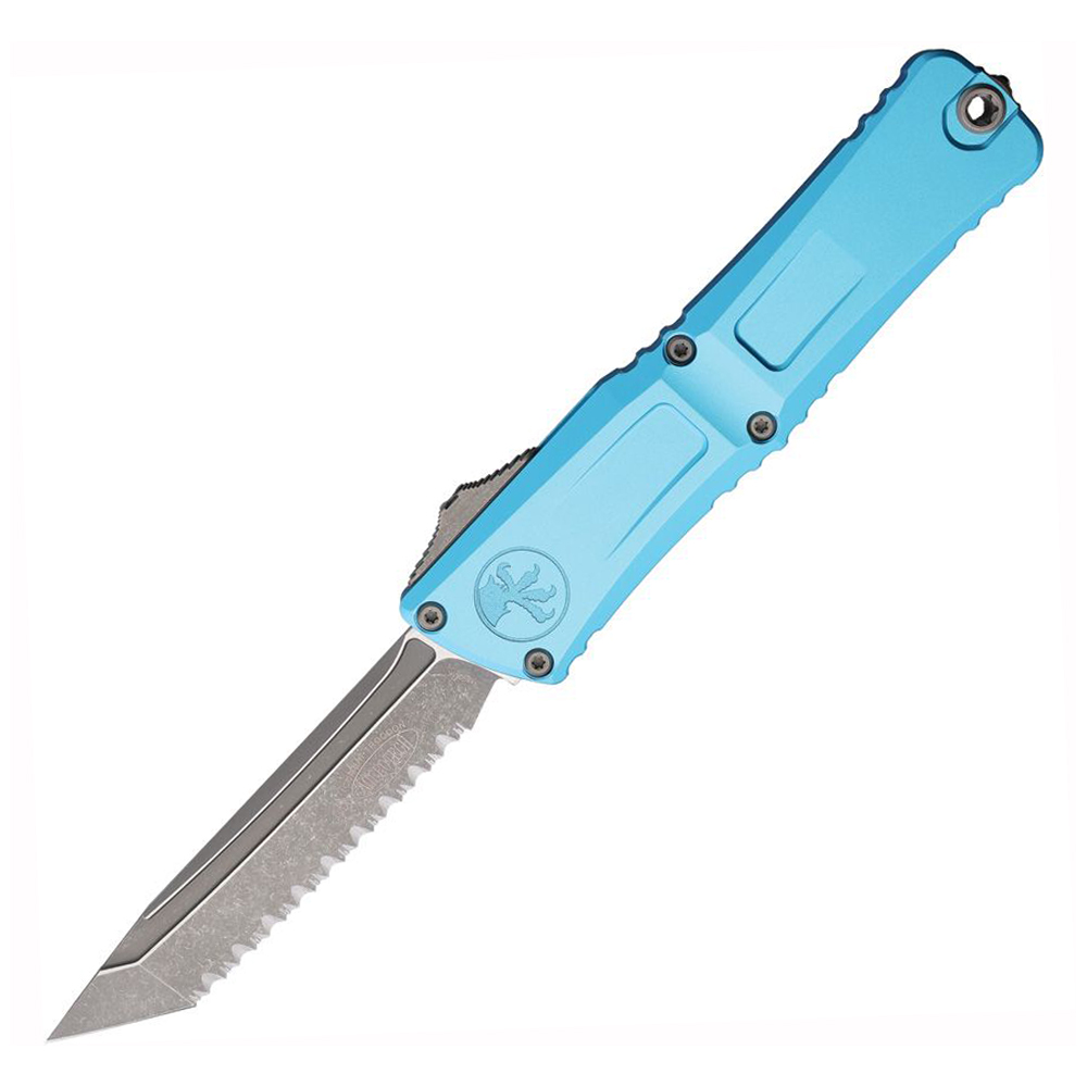 Microtech Combat Troodon Gen III AUTO OTF M390 Serrated Tanto Apocalyptic Stonewashed Turquoise Aluminum Handles 1144-12APTQ 1