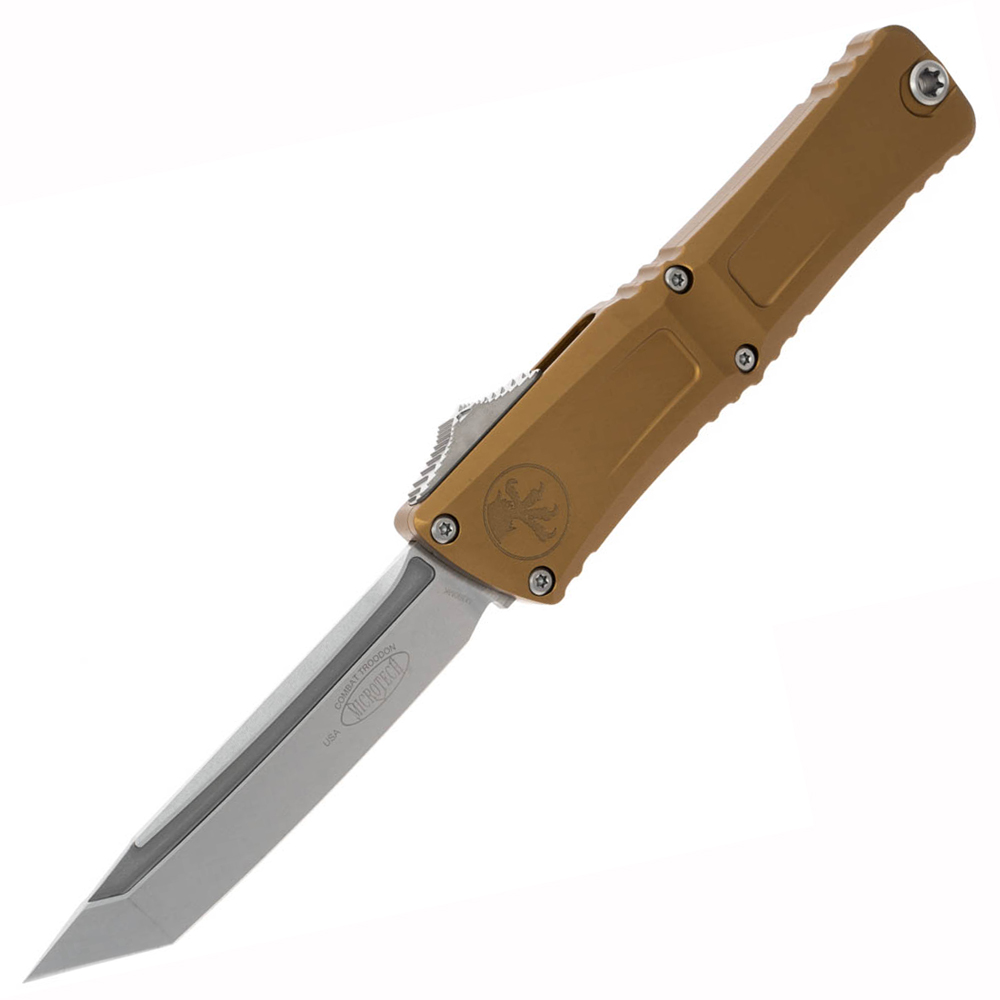 Microtech Combat Troodon Gen III AUTO OTF M390 Tanto Stonewashed Tan Aluminum Handles 1144-10TA 1