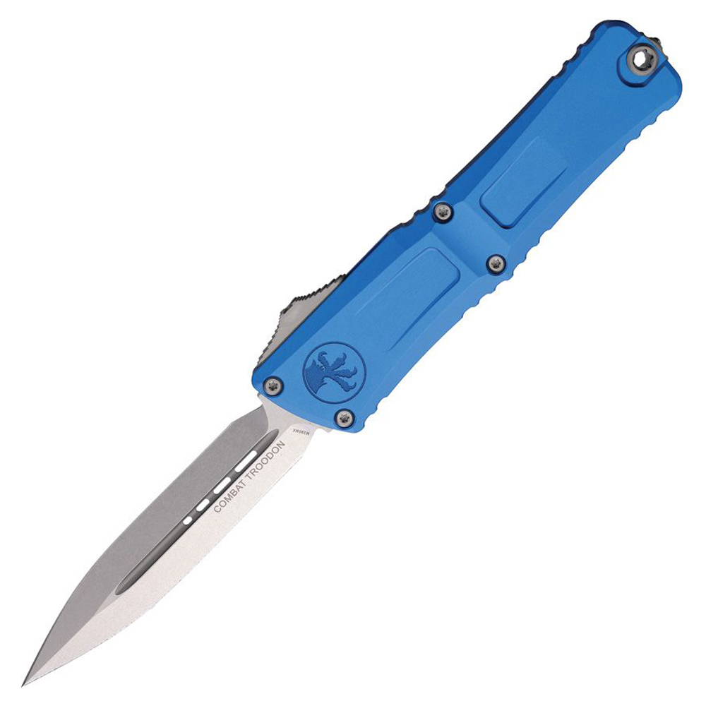 Microtech Combat Troodon Gen III AUTO OTF M390MK Stonewashed Double Edge Dagger Blue Aluminum Handles 1142-10BL 1