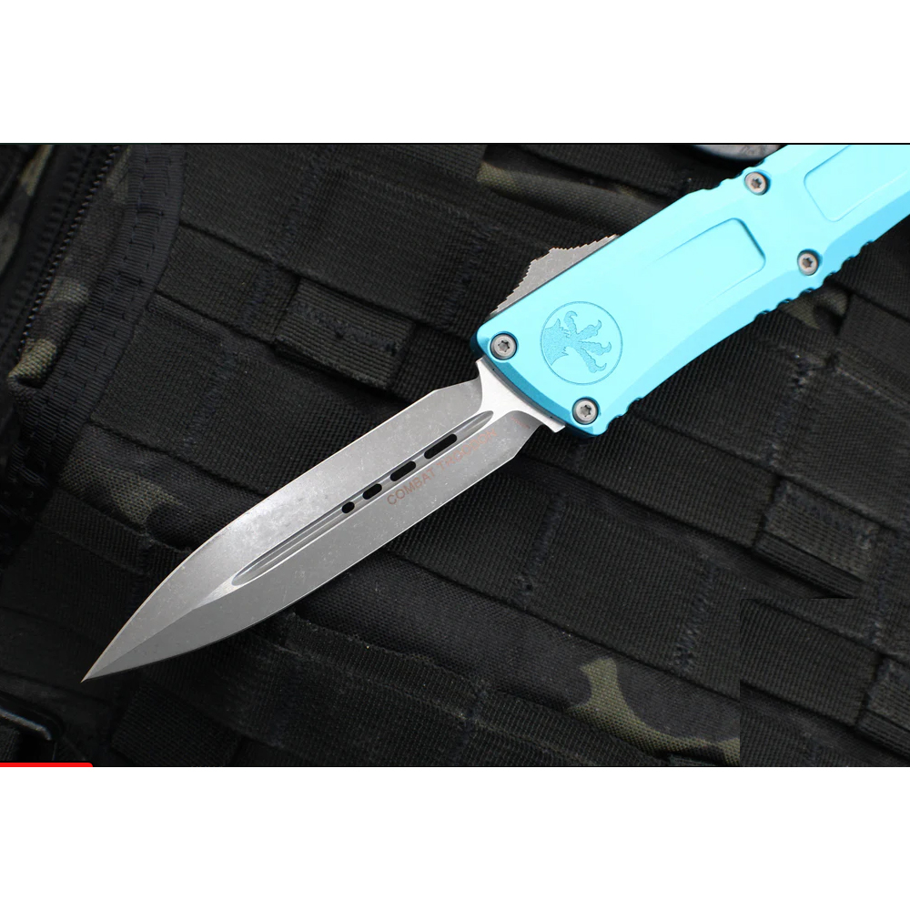 Microtech Combat Troodon Gen III AUTO OTF M390MK Apocalyptic Double Edge Dagger Turquoise Aluminum Handles 1142-10APTQ 4