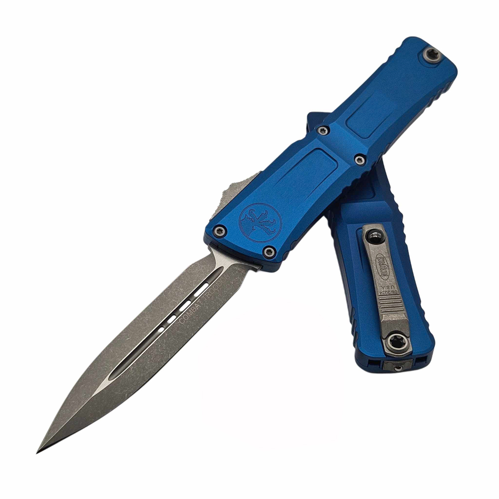 Microtech Combat Troodon Gen III AUTO OTF M390MK Apocalyptic Double Edge Dagger Blue Aluminum Handles 1142-10APBL 2