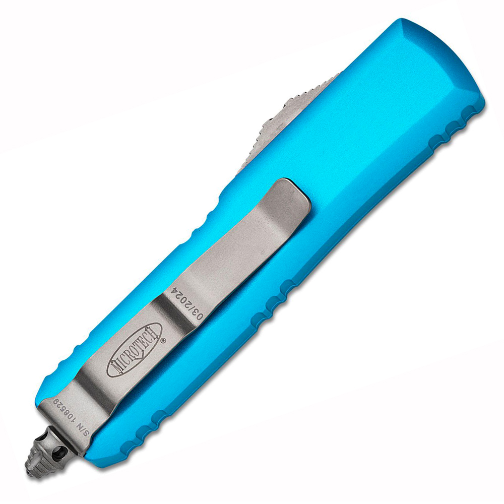 Microtech UTX-85 AUTO OTF Satin Plain Tanto Turquoise Aluminum Handles 233-4TQ 4