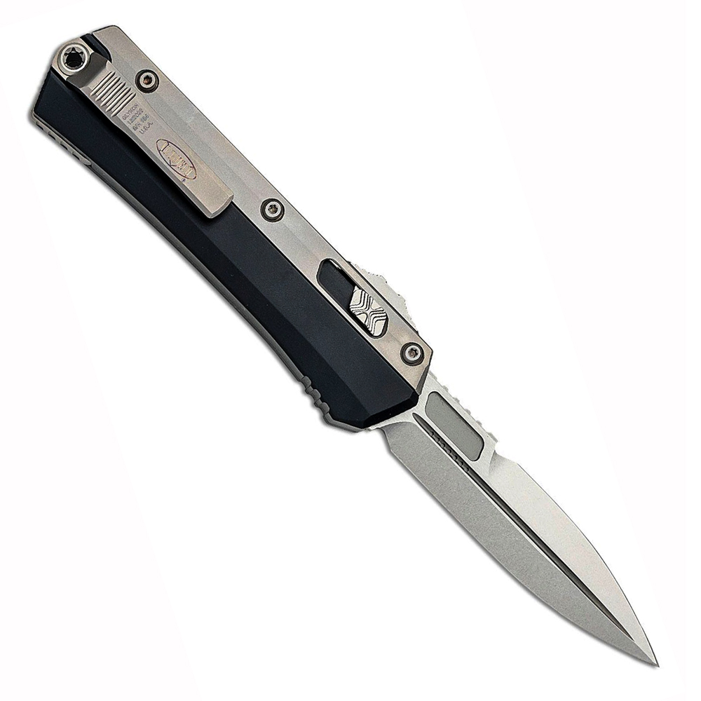 Microtech Glykon AUTO OTF Stonewashed Double Edge Bayonet Black Aluminum Handles with Titanium Overlays 184-10 3