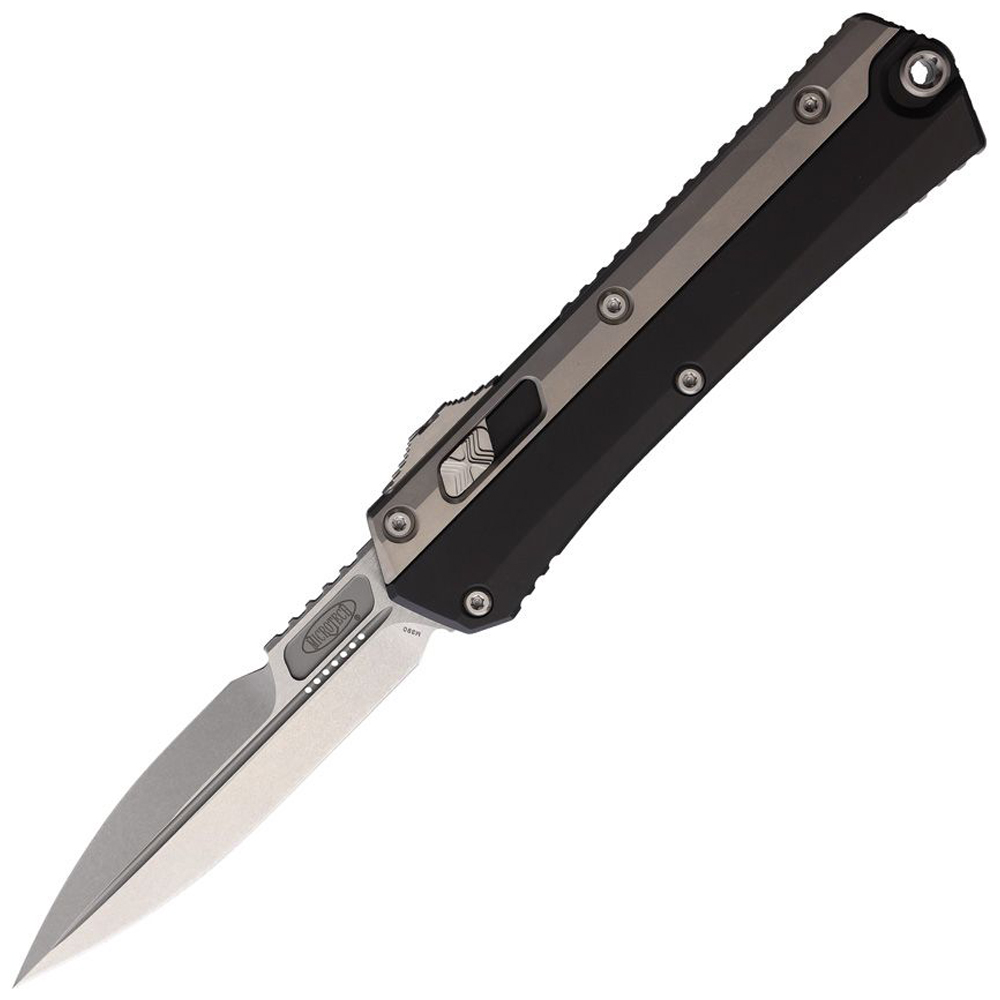 Microtech Glykon AUTO OTF Stonewashed Double Edge Bayonet Black Aluminum Handles with Titanium Overlays 184-10 1