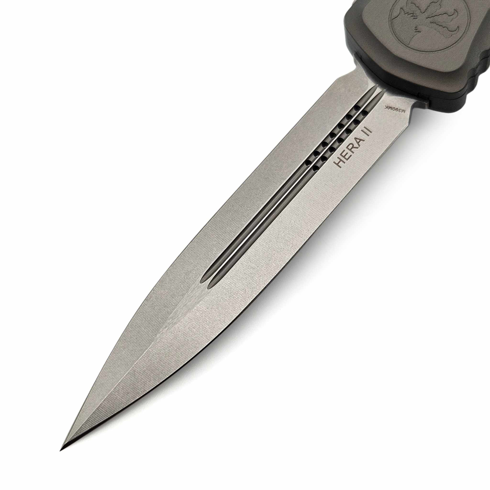 Microtech Hera II OTF AUTO M390MK Stonewashed Double Edge Dagger Natural Clear Deep Engraved Aluminum Handles 1702-10NC 5