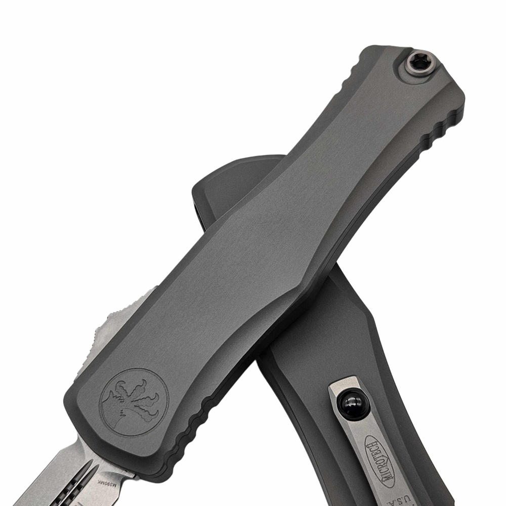 Microtech Hera II OTF AUTO M390MK Stonewashed Double Edge Dagger Natural Clear Deep Engraved Aluminum Handles 1702-10NC 6